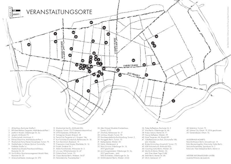 Stadtplan Moabit mit Veranstaltungsorten des Wanderkinos